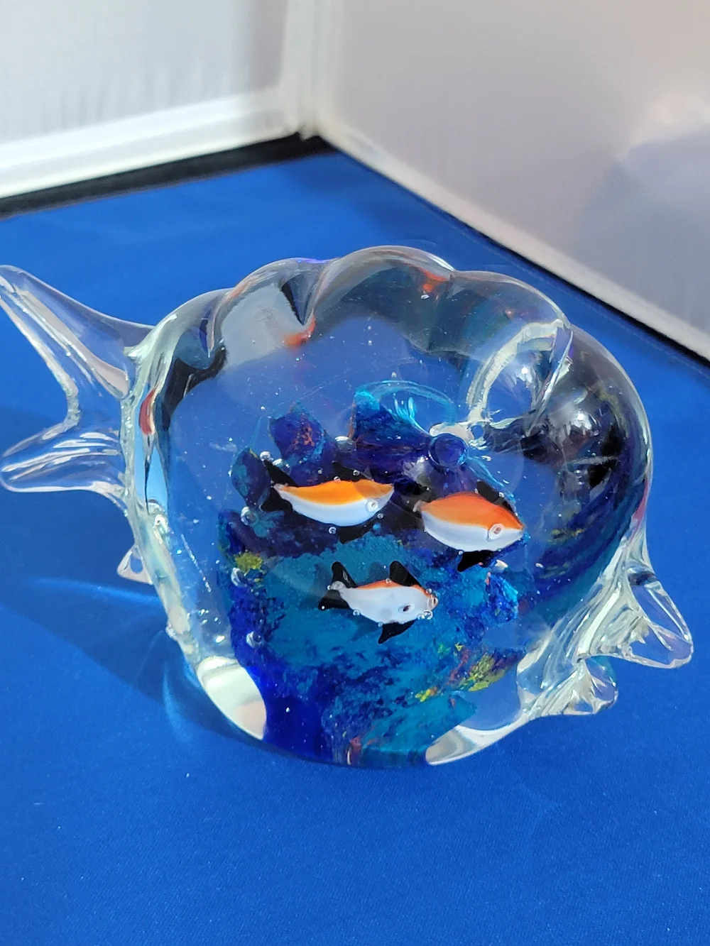 Source Unknown Glass Fish Paperweight - Blue with Orange Accents
